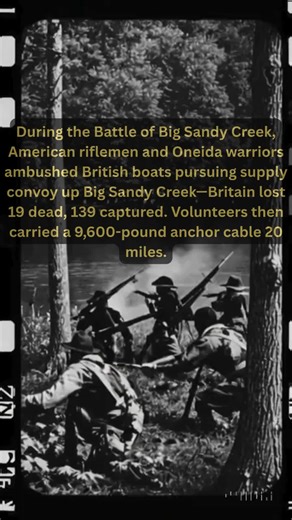 On May 29-30, 1814, American forces and Oneida warriors defeated a British naval squadron at Big Sandy Creek in northwestern New York during the War of 1812. The Americans were transporting critical naval supplies—rigging, armament, and a massive anchor cable—from Oswego to the shipyards at Sackets Harbor, where three warships awaited completion. When British forces discovered the supply convoy and pursued it inland up Big Sandy Creek, American riflemen and Oneida Indians concealed themselves al