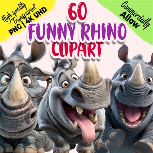 Funny Rhino Clipart PNG Bundle – Cute Cartoon Rhinoceros, Kawaii Animal Clipart, Stickers, Sublimation, Digital Download - Etsy