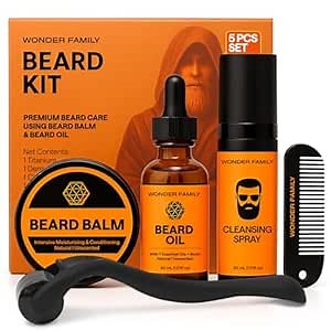 Beard Growth Kit for Men – with Beard Oil, Derma Roller for Hair Growth, Biotin Balm & Comb – Mustache Shaper & Straightener – Mens Care Grooming Kits, Beard Softener, Just for Men Gift Set