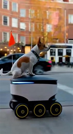 46K views · 340 reactions | Playful Pup Rides a Robot See how this dog enjoys a ride on a delivery robot! Generated using Kling AI . . . (For entertainment purposes only. Consult professionals if guidance on activities is presented. No brand affiliation is implied if any are shown. If inspired by true events, creative adaptations may be included. Content may include public footage.) | Fabiosa Daily | Facebook