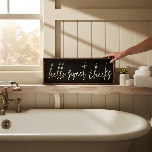 Hello Sweet Cheeks Sign, Funny Bathroom Decor, Farmhouse Restroom Wall Art, Rustic Wood Shelf Sitter, Cute Guest Bath Sign, Black and White - Etsy