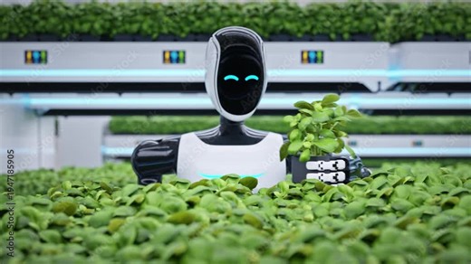 Advanced AI-powered humanoid robot inspecting a plant in a fully automated greenhouse. Smart farming and AI robotics concept. Future sustainable agriculture technology. 3d animation rendering
