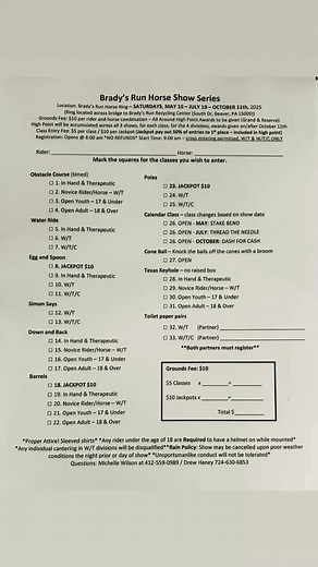 Brady’s Run Park show series starts up next weekend! Please share and spread the word! This show has something for everyone from in hand classes, to therapeutic, to leadline, to timed classes! Come and enjoy the beautiful park and the company of other horse lovers. Do you know Brady’s Run Park has trails as well? | Brady’s Run Horse Show Series