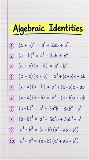 Algebraic Identities | 10 Important Maths Formulas for Classes 6–10 | Learn Algebra #shorts #maths
