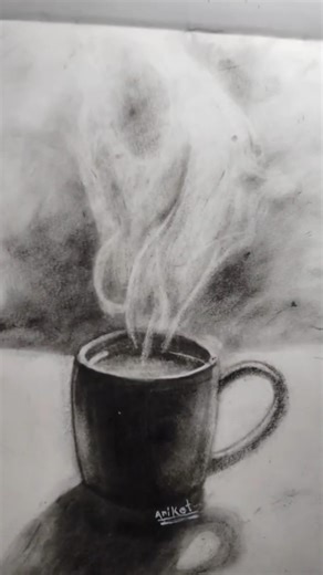 beautiful charcoal sketch of a hot coffee cup with steam.