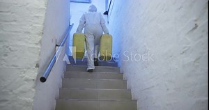 Chemical waste, toxic and people with barrels in ppe suit, dangerous or nuclear product. Poison, radiation or stairs with radioactive material and ecological disaster, team and environmental clean up
