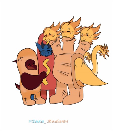 You we’re supposed to be the hotdog. #godzilla #art #ghidorah #oc #rodan (the blue one is my MV OC btw)