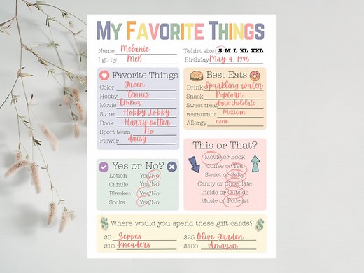 My Favorite Things List, All About Me Printable, Getting to Know Me Questionnaire, Teacher Favorites, Birthday Gift Idea - Etsy
