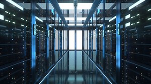 Server racks in computer network security server room data center, 3d rendering.