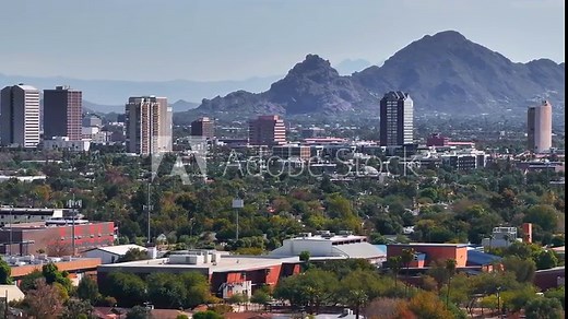 Phoenix city downtown skyline cityscape of Arizona in USA. Top view of downtown Phoenix Arizona on a summer day in USA.