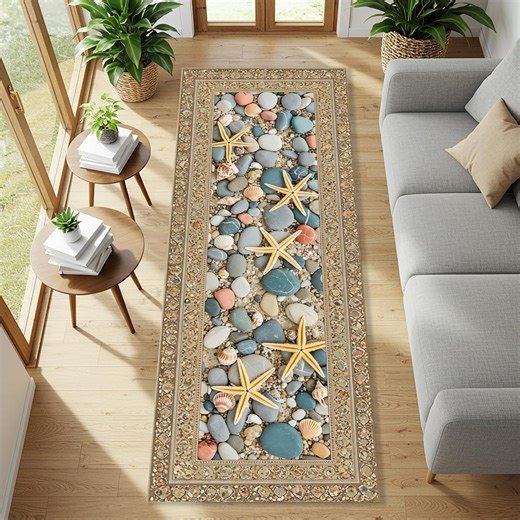 Beach Pebble Runner Rug With Starfish & Seashells, Coastal Summer Floor Mat, Ocean Theme Hallway Kitchen Entryway Decor, Nautical Sand - Etsy