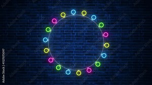 christmas frame colorful neon string lights isolated on brick wall background animation, holiday new year and birthday lights social media motion design element