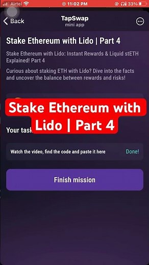 Stake Ethereum with Lido | Part 4 | Tapswap code || tapswap code Stake Ethereum with Lido | Part 4