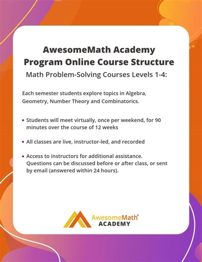 Enrollment is now open for the AwesomeMath Academy courses that begin on January 9th-11th. We've added times for Level 1-4 classes that will accommodate more of our international students. 🌍 Our AwesomeMath Academy online math classes—Levels 1 through 4—are designed to help students grow into confident and creative problem solvers. Each semester students explore topics in Algebra, Geometry, Number Theory and Combinatorics. Plus, two new Independent Study College Prep courses have been added for