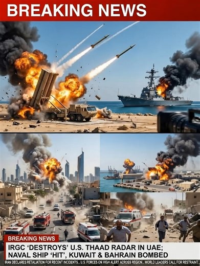 💥 IRGC 'Destroys' U.S. THAAD RADAR In UAE; Naval Ship 'HIT', Kuwait & Bahrain Bombed Abu Dhabi / Manama / Kuwait City — Iran’s Islamic Revolutionary Guard Corps claims it has “destroyed” a key U.S. THAAD radar site in the UAE, damaged a naval vessel in Gulf waters and struck targets in Kuwait and Bahrain, in what it hails as its most coordinated regional onslaught yet. State TV in Tehran broadcast triumphant graphics showing ballistic and cruise missiles arcing toward a THAAD battery believed t
