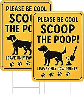2-Pack 13" x 9.5" No Dog Poop Signs, Pick Up After Your Dog, Clean Up, Scoop The Poop, Yellow, Plastic, Yard Signs