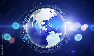 3D vector illustration of a blue globe with continents and oceans, surrounded by business network lines and data, representing global communication and technology