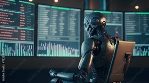 Artificial Intelligence is employed in trading on candlestick charts, on a computer's display. AI trading bot concept of predictive algorithms and machine learning to trade shares on stock markets