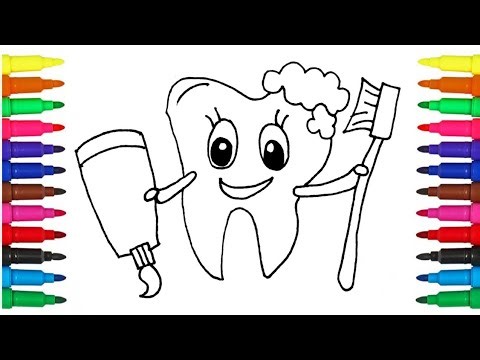 How to Draw A Cute Tooth with A Toothbrush | step by step easy drawing | Coloring for kids toddlers