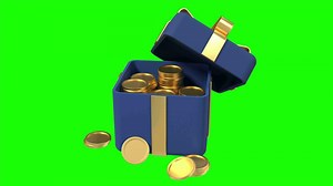 3D open gift box with golden coins and ribbon animation. Money prize reward. Earn point and get rewards. Seamless and looped animation