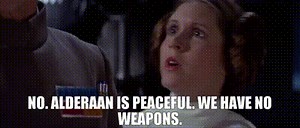 No. Alderaan is peaceful. We have no weapons.