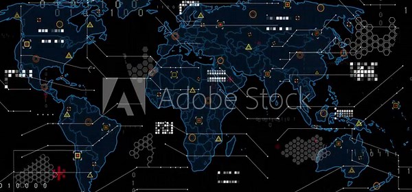 Neon-blue world map appearing, markers multiplying and linking, visualizing global data dashboard