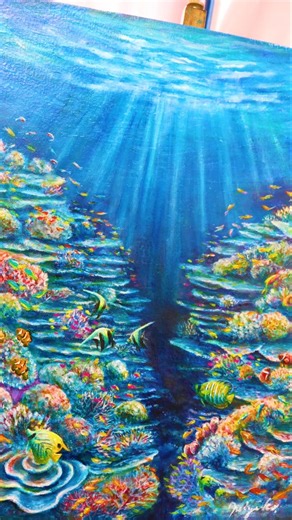 パラオの大好きな海中の景色を描いたこの作品を大切に額装させて頂きます。まるで珊瑚に包まれているかのような、あの感覚を油絵具で表現しました。 #アート #絵 #画家#海