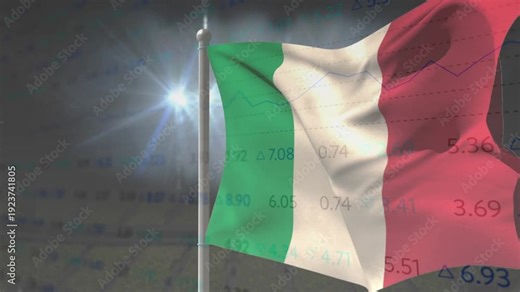 Tricolor flag billowing from gusts, rippling with highlights while overlaid data visualizing wind