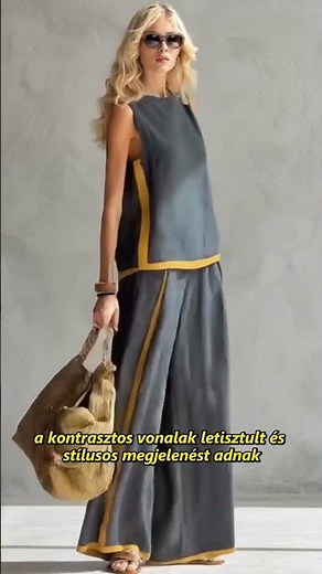 2026 új divatos női kétrészes szett: ujjatlan felső kontrasztos részletekkel és bő szárú nadrág-2