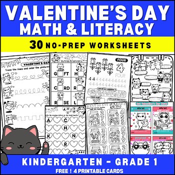 Valentine’s Day Math & Literacy Worksheets | 30 No-Prep Activities for K–1