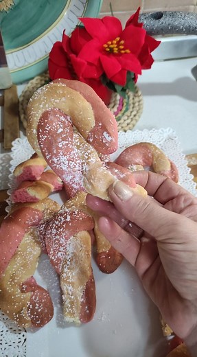 BASTONCINI DI NATALE .....biscotti semplici, facili e belli da portare sulle nostre tavole per le festività natalizie. RICETTA: 2 uova piccole 120 gr zucchero semolato Vanillina Punta cucchiaino di lievito istantaneo 80 gr burro freddo 300)350 gr farina oo Colorante alimentare rosso qb Lavora gli ingredienti come si fa per una classica frolla. Dividi l'impasto in due metà, in una metà aggiungi il colorante rosso, invece, l'altra metà la lasci bianca. Stacca dei pezzi uguali da entrambi gli impas