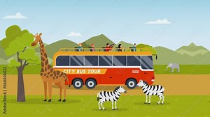 Seamless loopable bus driving in a safari zoo 2d animation cartoon in 4k