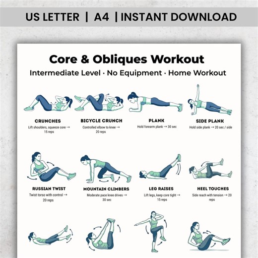 Core & Obliques Workout Intermediate, Abs Workout at Home, No Equipment Core Exercises, Printable Workout Plan - Etsy