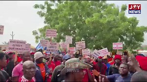 Scenes from Ablekuma Fan Milk as residents protest the deplorable state of roads in the area, calling for urgent government action. #JoyNews | JoyNews