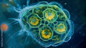 A microscopic rotifer egg surrounded by protective outer layers waiting to hatch and start its life cycle. . AI generation.