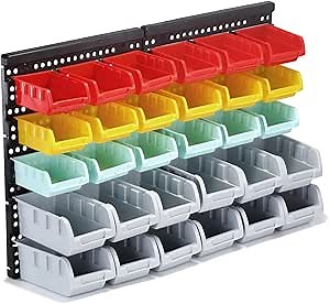 Garage Storage Bins Wall Mounted Parts Rack with 4 Colors 30PC Bin Organizer, Stackable Garage Plastic Shop Tool, Garage Organizers and Storage Nuts and Bolts