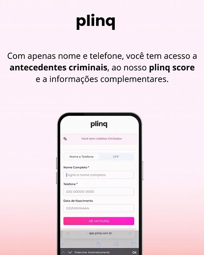 Plinq on Instagram: "A nossa plataforma funciona de forma super prática: é só colocar nome e telefone e pronto! você já vai ter acesso aos antecedentes  Quer ter acesso agora? O link tá na bio :)"