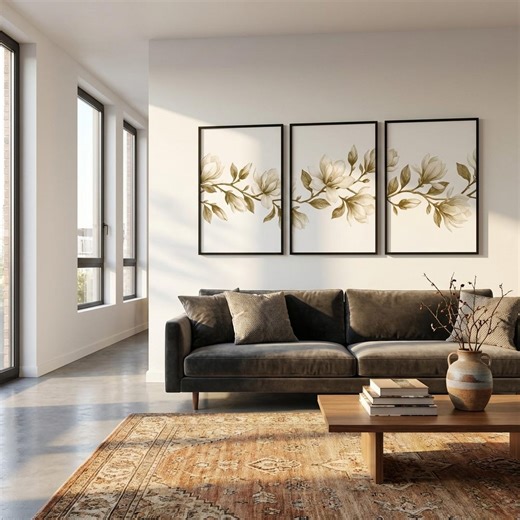 Gold Magnolia Triptych Wall Art, Minimalist Botanical Print, Scandinavian Decor, (digital Download) - Etsy