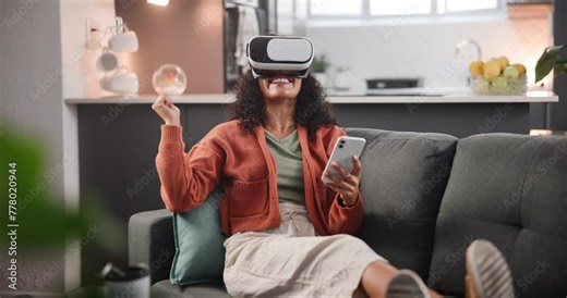 Phone, game and woman in home with vr and happy with experience on esports mobile app or interface. Futuristic, gaming and person relax with virtual reality and live streaming chat with technology