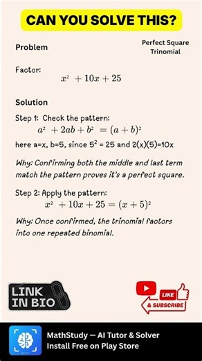 Math Shorts 043 | Perfect Square Trinomial Explained Step by Step by MathStudy Tutor #learnmath