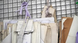 Many paper brown patterns for sewing clothes for student suite different sizes hanging on wall in sewing factory interior. Real time full hd video footage.