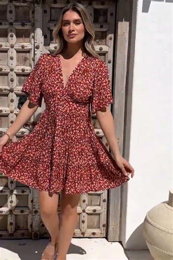 Sana Mini Dress - Bell Sleeve Button Down V Neck Dress in Rosina Print