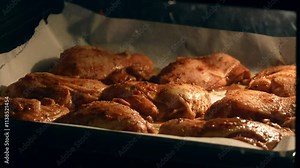 Timelapse Roasted chicken thighs with tomato sauce in a baking dish inside an oven. Close-up food time lapse
