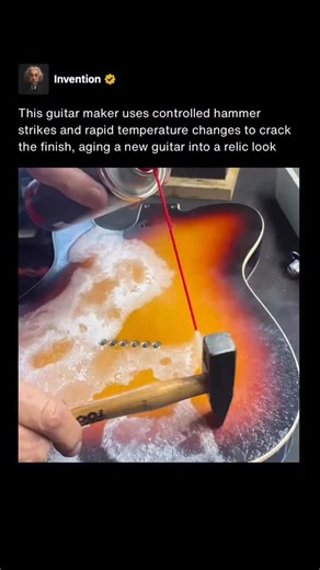 Invention on Instagram: "Some guitar makers intentionally recreate decades of wear on brand new instruments through a process known as relicing. Rather than waiting years for natural aging, builders carefully distress the finish to match the look of guitars that have survived countless tours, temperature swings, and handling. The goal is to capture the visual character of a well played instrument without affecting its playability or structure. One technique involves using light hammer strikes co