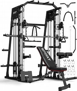 JoanKaren Pro Smith Machine with Bench,2200lbs Squat Rack with Weight Bar,LAT Pull-Down,Cable Systems,Leg Hold-Down and More Attachments,Black