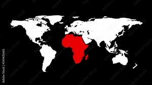 World map animation with red Africa. Appearance all continents into a whole world map on black background. Infographic design. Business or travel concept. Virus infection. 60 fps 3D animation.