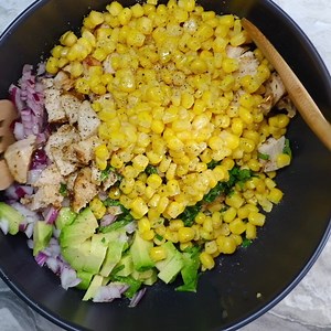 Rustic Corn and Avocado Salad with you favorite type of chicken!