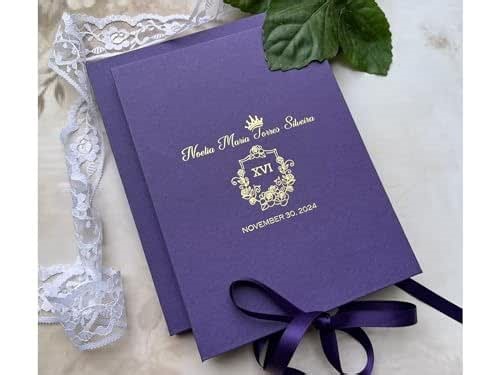 Personalized Invitation Purple Box with Gold Foil Printing, Hard Cover Invitation Box, Handmade Box, Quinceanera Invitation Boxes - Pack of 10 Nos