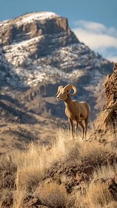 This video captures a majestic bighorn sheep standing proudly on a rugged, sun-drenched hillside. The animal, with its impressive, curling horns and tan coat, is the central focus, exuding strength and alertness as it surveys its surroundings. The camera slowly pans or rotates around the sheep, offering different angles while keeping the animal in frame. As it moves, the background reveals a stunning mountainous landscape: steep, rocky slopes dusted with patches of snow under a clear, bright blu