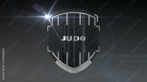 Seamless looping 3D animation of the word Judo on a shield – chrome version; including alpha matte